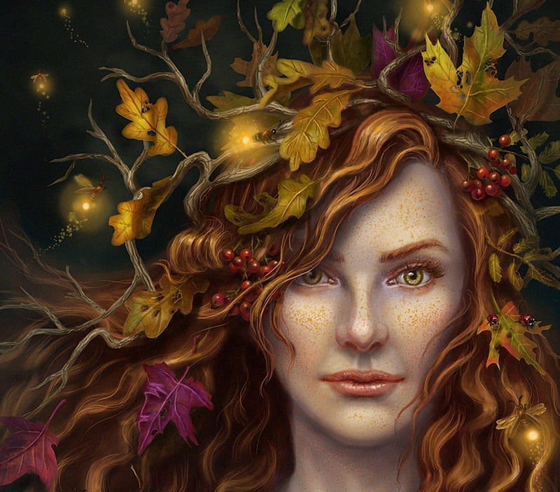 Autumn, portrait, leaf, art, redhead, luminos, yellow, shade of stars ...