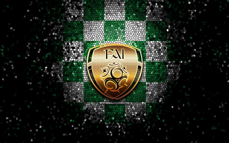 Irish football team, glitter logo, UEFA, Europe, green white checkered background, mosaic art, soccer, Ireland National Football Team, FAI logo, football, Ireland, HD wallpaper