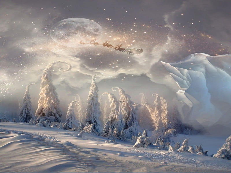 CHRISTMAS, stars, trees, sky, clouds, winter, santa, moon, snow, mountains, white, HD wallpaper