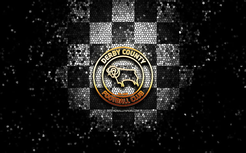 Derby County FC, glitter logo, EFL Championship, black white checkered background, soccer, english football club, Derby County logo, mosaic art, football, Derby County, HD wallpaper