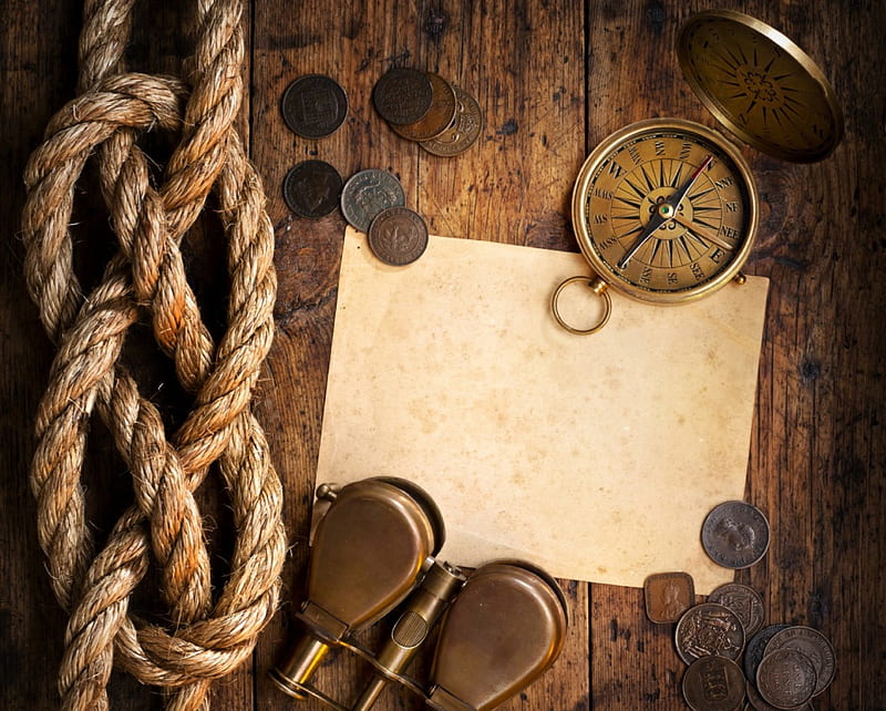 Old Things, brown, coins, rope, coin, old, compasss, old rope, old coins, wood, HD wallpaper