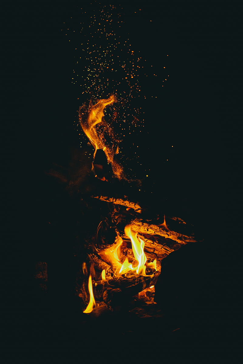 flame, sparks, dark, bonfire, HD phone wallpaper