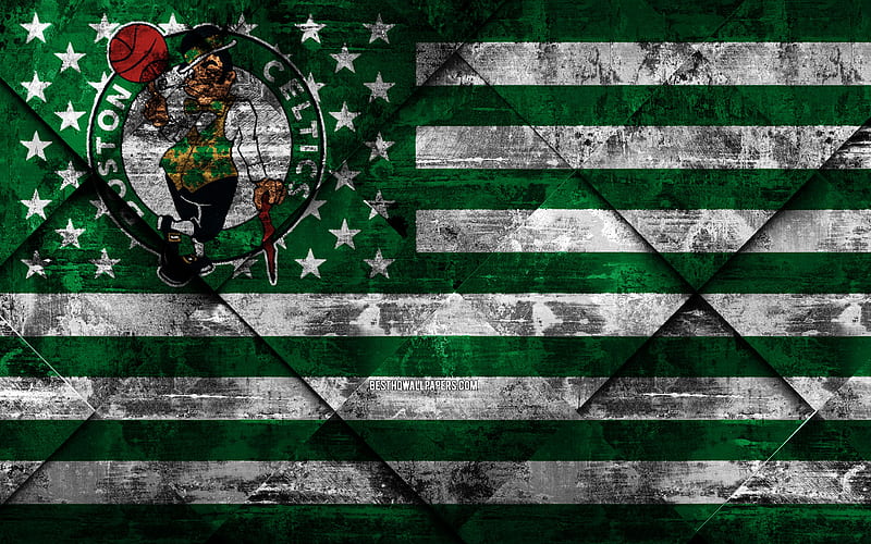 Boston Celtics American basketball club, grunge art, grunge texture, American flag, NBA, Boston, Massachusetts, USA, National Basketball Association, USA flag, basketball, HD wallpaper