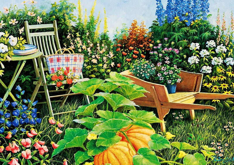 Lovely Place, table, pumpkin, painting, flowers, garden, chair, HD wallpaper