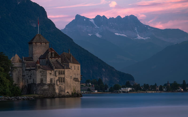 Chillon Castle, Lake Geneva, Schloss Chillon, evening, sunset, old castle, mountain landscape, Switzerland, Europe, HD wallpaper