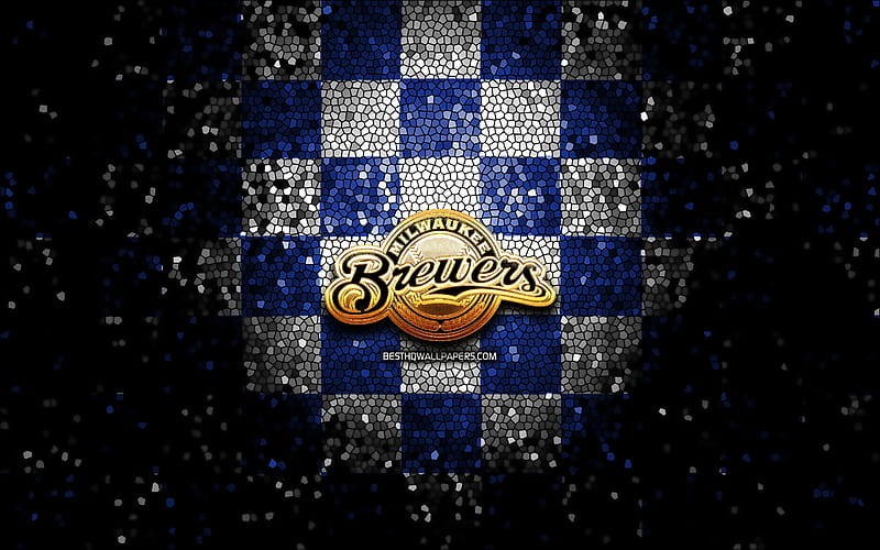 Milwaukee Brewers, glitter logo, MLB, blue white checkered background, USA, american baseball team, Milwaukee Brewers logo, mosaic art, baseball, America, HD wallpaper
