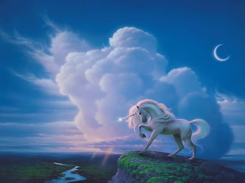Unicorn, cloud, fantasy, luminos, kirk reinert, white, blue, art, moon, moon, HD wallpaper