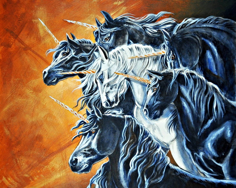 Minority, art, unicorn, horse, hbruton, fantasy, painting, gris, white, pictura, watercolor, blue, HD wallpaper