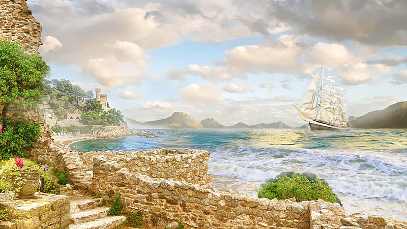 Homecoming, beach, old world, tall ship, clouds, sky, wall, sailing ship, sea, HD wallpaper