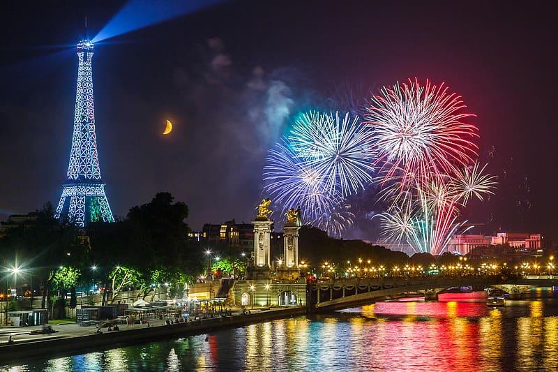 Night Paris Eiffel Tower Fireworks Seine Hd Wallpaper Peakpx
