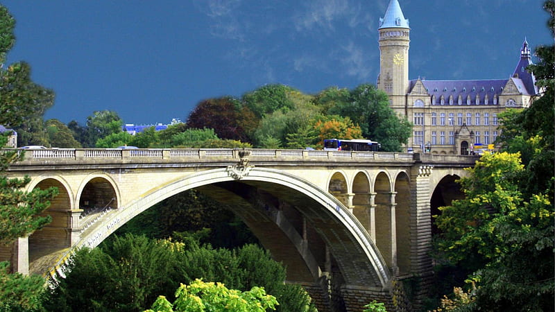 beautiful arched bridge in luxembourg, church, trees, bridge, arch, HD wallpaper