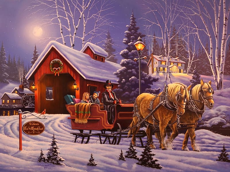 Wilson's Bed and Breakfast, artwork, winter, horses, sleigh, snow, trees, bridge, watermill, painting, HD wallpaper