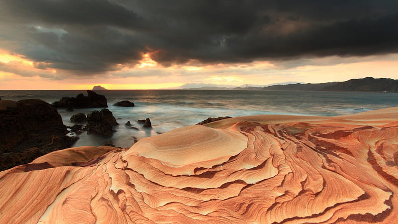 gorgeous sandstone rocky seacoast, rocks, dark, sandstone, clouds, coast, sea, HD wallpaper