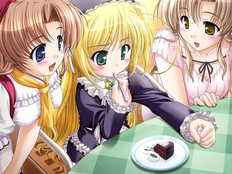 How it taste? ... Is it Good?, cake, pretty, blond, friend, green eyes, hungry, bonito, eat, sweet, nice, excited, anime, beauty, anime girl, long hair, blue eyes, female, lovely, food, brown hair, blonde, smile, blonde hair, brown eyes, blond hair, happy, cute, kawaii, girl, eating, HD wallpaper