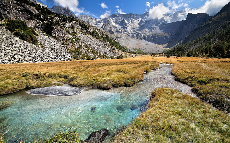 Central Alps, mountain river, field, valley, mountain landscape, glacier, Alps, HD wallpaper