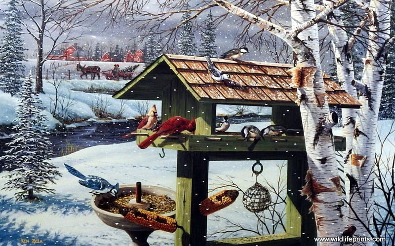 Backyard Banquet, tree, snow, painting, birds, artwork, winter, HD wallpaper