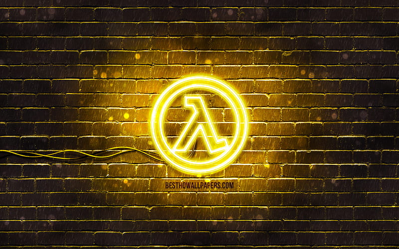 Half-Life yellow logo yellow brickwall, Half-Life logo, 2020 games, Half-Life neon logo, Half-Life, HD wallpaper