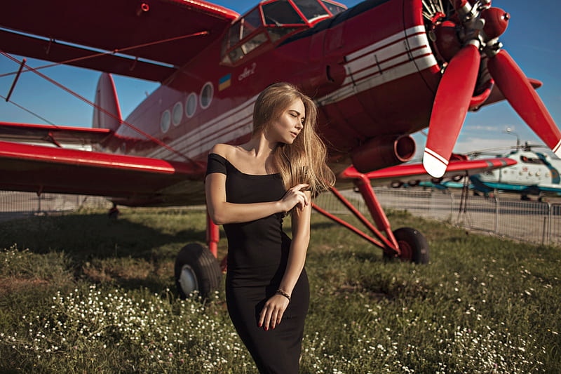Model Posing with a Russian Antonov An-2 Bi-Plane, blonde, aircraft, dress, model, HD wallpaper