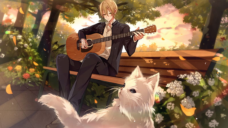 Anime, Original, Bench, Boy, Cat, Guitar, HD wallpaper