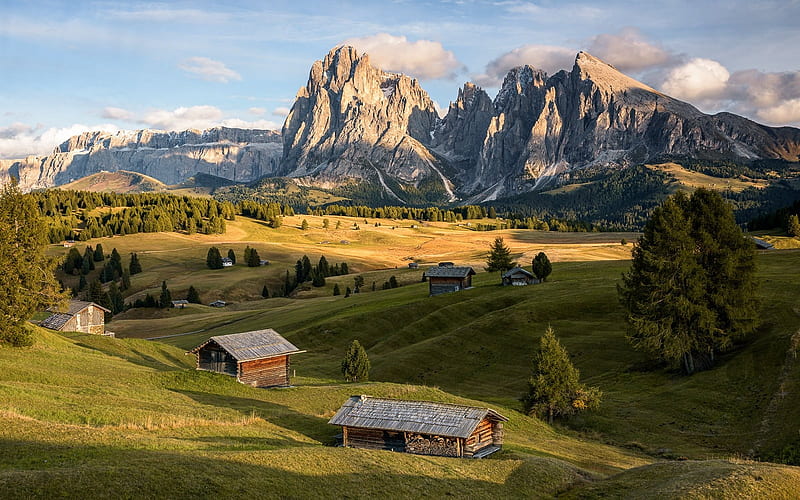 Dolomites, Italy, Dolomites, Alps, Italy, mountains, cabins, log, landscape, HD wallpaper