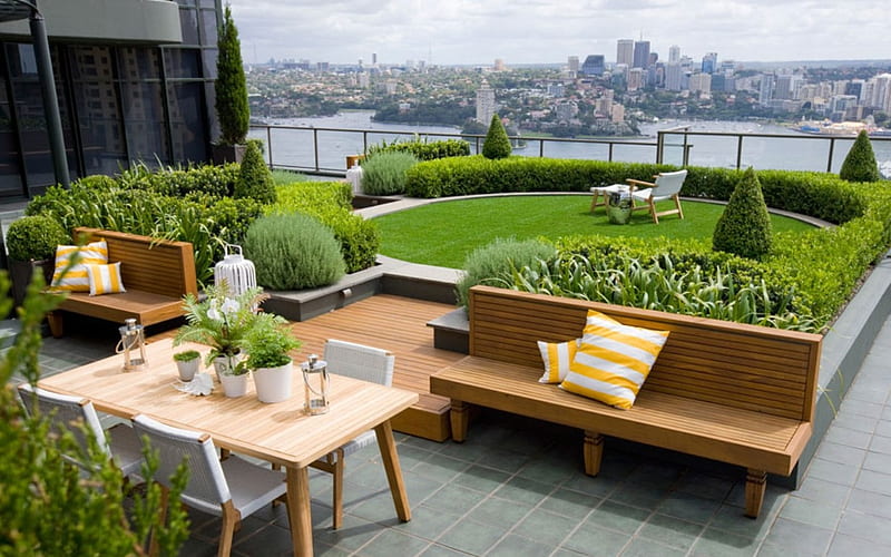 Rooftop Garden, furniture, rooftop, garden, terrace, HD wallpaper