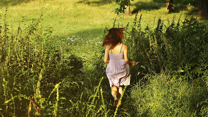 Nature around Me.., green, girl, plants, running, nature, red hair, trees, HD wallpaper