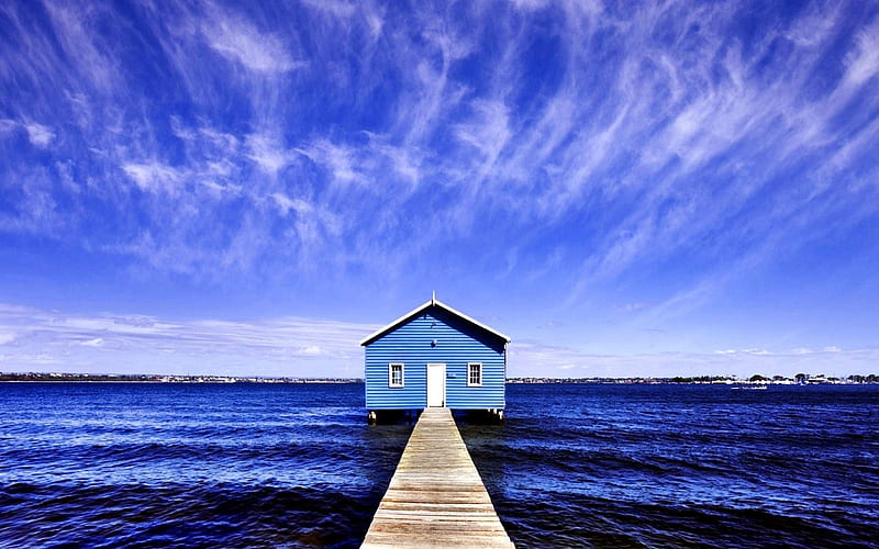 Blue Boat House On Matida Bay Australia, Blue House, Clouds, Sky, Auntralia, Bay, HD wallpaper