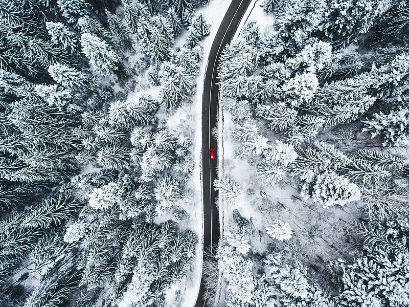 road, car, aerial view, forest, snow, HD wallpaper