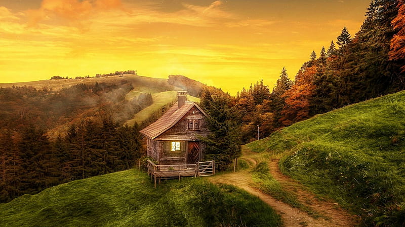 Wooden House in Fall, mountain, forest, autumn, house, nature, trees, sky, HD wallpaper