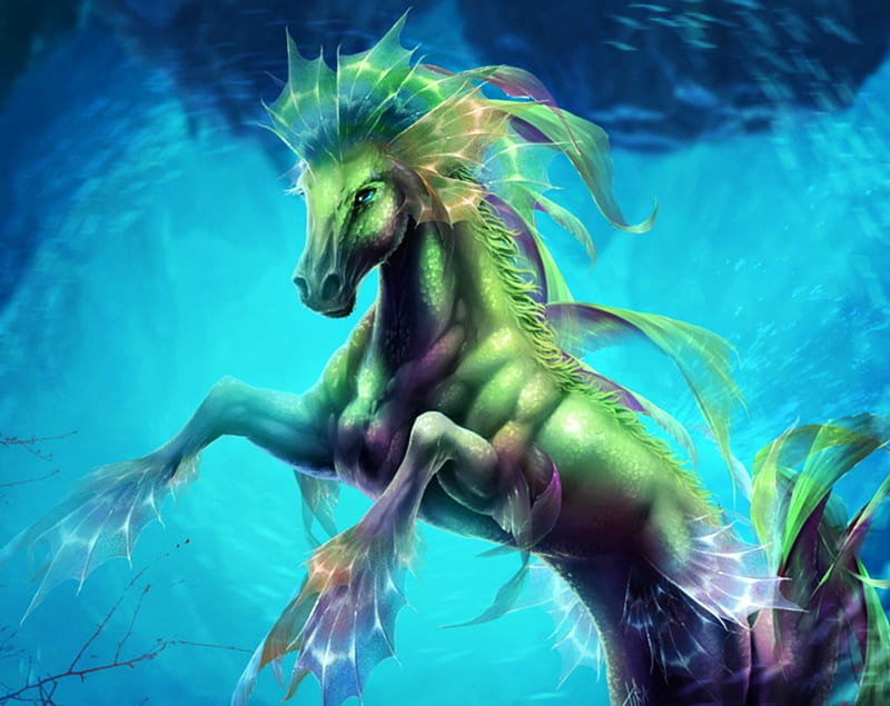 Hippocampus, underwater, luminos, horse, sea, fantasy, tira-owl, green, creature, blue, HD wallpaper