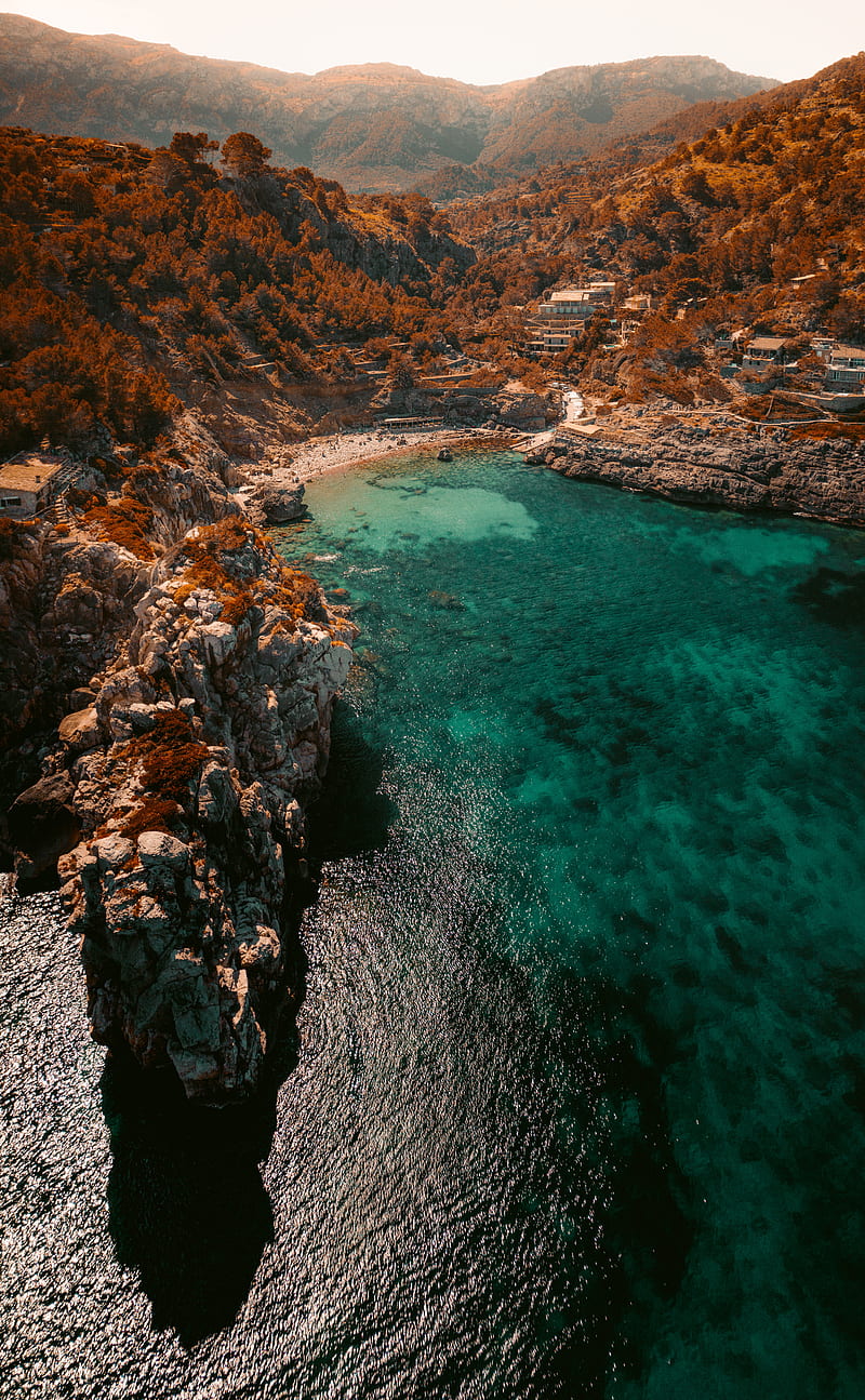 sea, rocks, aerial view, coast, beach, bay, HD phone wallpaper