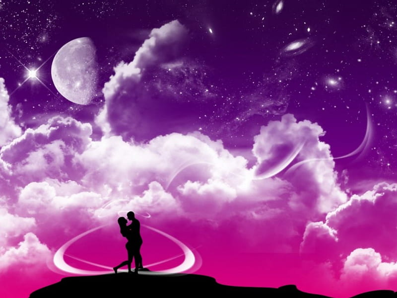Girl Boy in Love one Purple EVening, stars, art, hugging, sky, silhouette, clouds, hold, moon, purple, holding, couple, vector, HD wallpaper