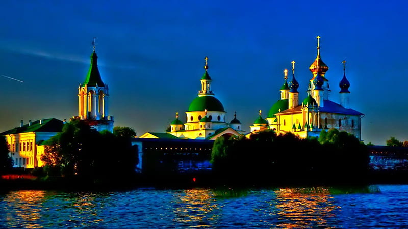 russian orthodox churches, domes, churches, river, sunshine, wall, monastery, HD wallpaper