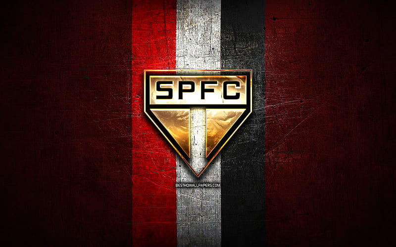 Sao Paulo FC, golden logo, Serie A, red metal background, football, Sao Paulo, brazilian football club, Sao Paulo FC logo, soccer, Brazil, SPFC, HD wallpaper
