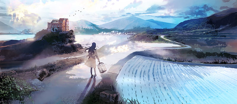 anime girl, cage, back view, scenic, countryside, Anime, HD wallpaper