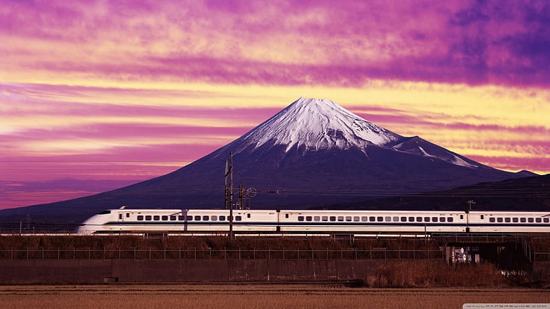 shinkansen bullet train, train, mount, shinkansen, bullet, fuji, HD wallpaper