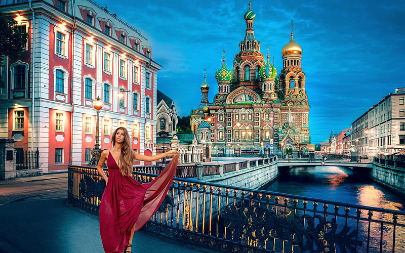 Model Posing in St. Petersburg, Russia, model, dress, blonde, russia, river, HD wallpaper