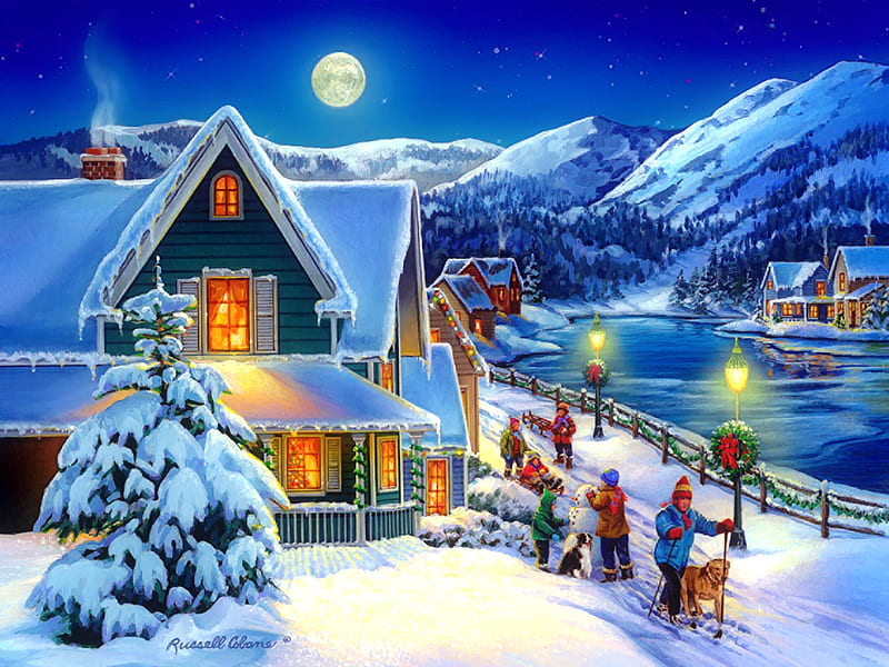 Christmas joy, pretty, children, bonito, cold, countryside, mountain, village, kids, frost, art, holiday, christmas, houses, fun, new year, joy, winter, lake, snow, ice, moonlight, HD wallpaper