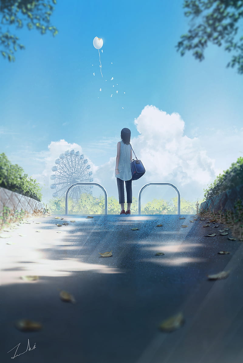 anime, anime girls, sky, clouds, landscape, dark hair, ferris wheel, HD phone wallpaper