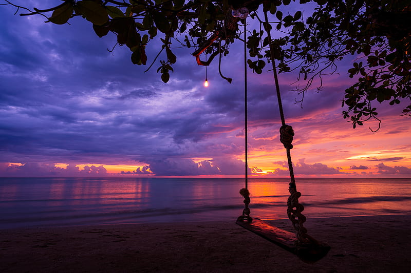 swing, garland, beach, sunset, HD wallpaper