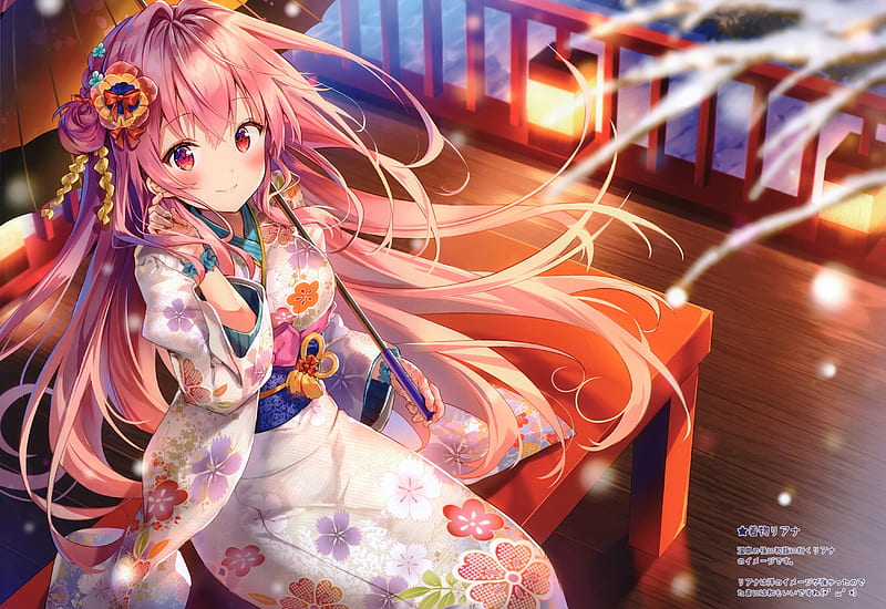 anime girl, pink hair, kimono, lantern, night, pretty, red eyes, Anime, HD wallpaper