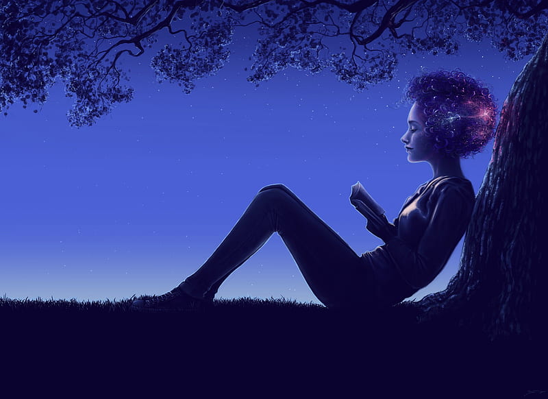 Universe reclining in your hair, fantasy, ciara dabkowski, tree, luminos, girl, dark, silhouette, night, blue, HD wallpaper