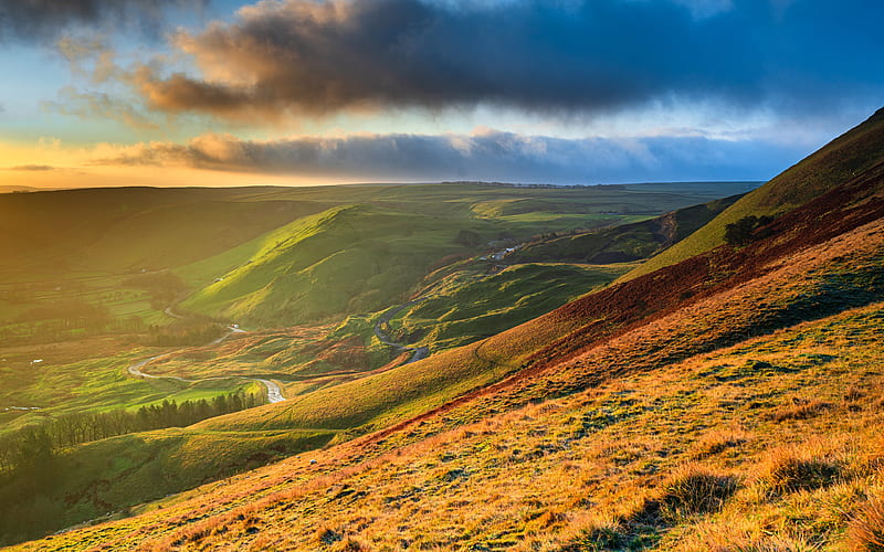 England sunset, hills, beautiful nature, Great Britain, english nature, HD wallpaper