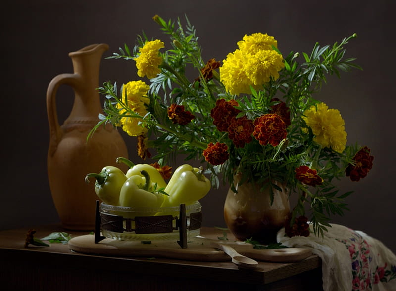 Still life, Green pepper, Vase, Pitcher, Bouquet, HD wallpaper