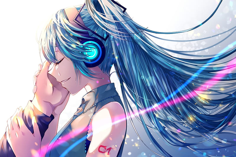 hatsune miku, crying, tears, closed eyes, vocaloid, profile view, headphones, Anime, HD wallpaper