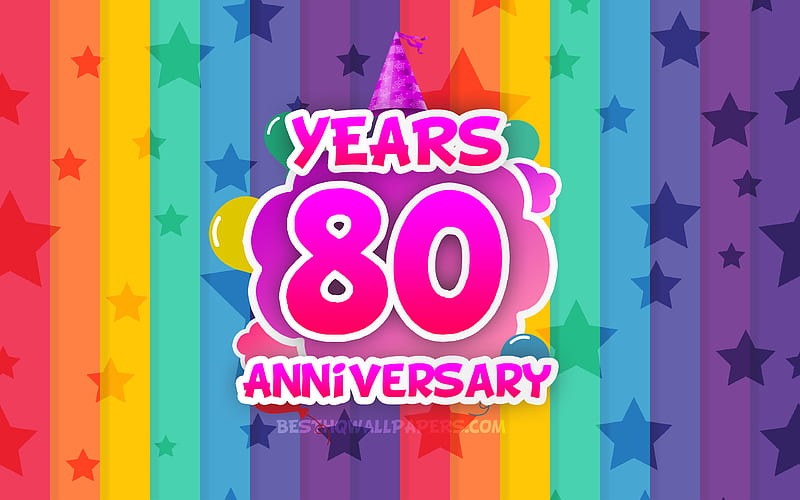 80 Years Anniversary, colorful clouds, Anniversary concept, rainbow background, 80th anniversary sign, creative 3D letters, 80th anniversary, HD wallpaper