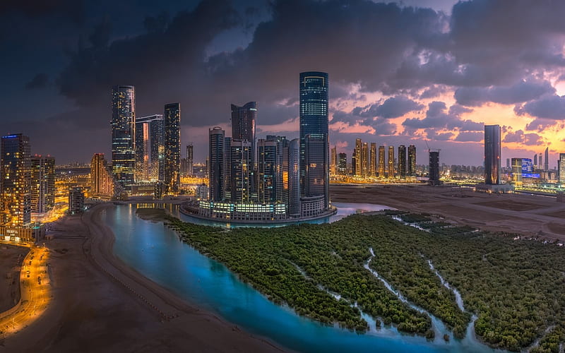 Abu Dhabi, Evening, skyscrapers, United Arab Emirates, city lights, HD wallpaper