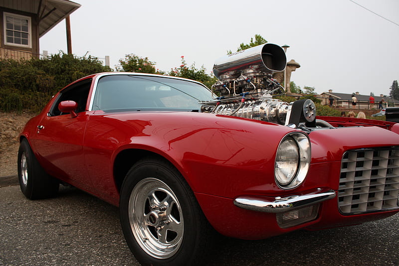 Red Camaro With Blower, carros, hot rods, chevys, HD wallpaper