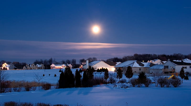 december moon over suburban landscape in winter, moon, suburb, night, winter, light, HD wallpaper