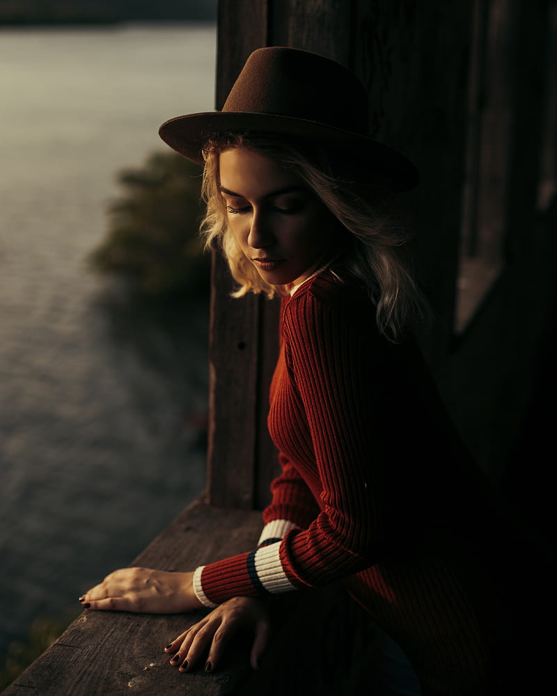 blonde, women, red sweater, hat, sea, dark, portrait, model, HD phone wallpaper